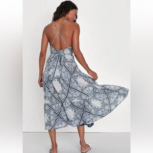 Lulus Dreamy Inspiration Blue Boho Print Backless Tiered Cotton Midi Dress - XL